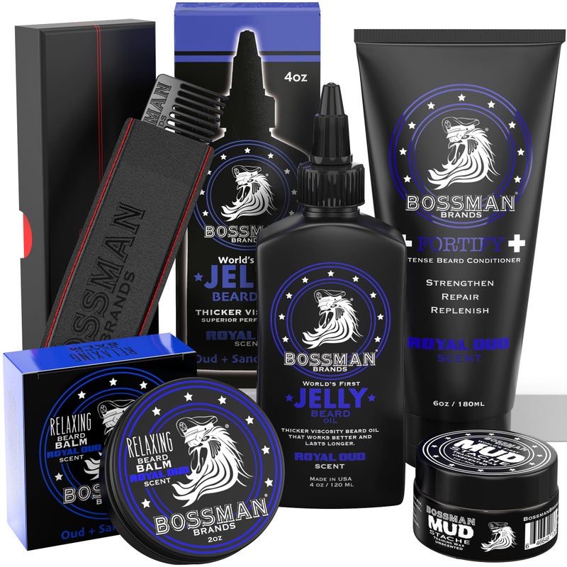 Bossman Complete Beard Kit Mens Beard Oil Jelly Fortifying Shower Conditioner Balm Mustache Wax Comb Beard Softener Grooming Care Royal Oud Scent