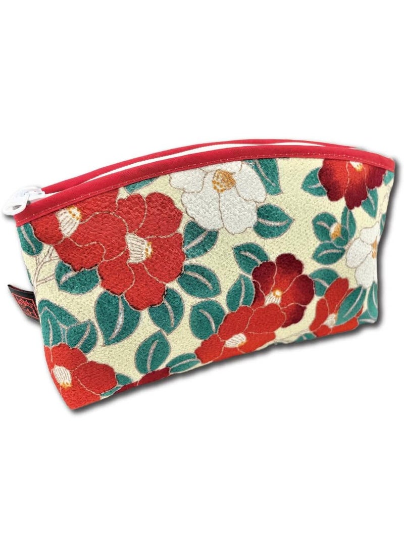 Terra Distribution Terra Distribution Small Makeup Bag for Purse [ Made in Japan] Traditional Edo Komon Design Cute Cosmetic Pouch (Camellia flower (Ivory)) 