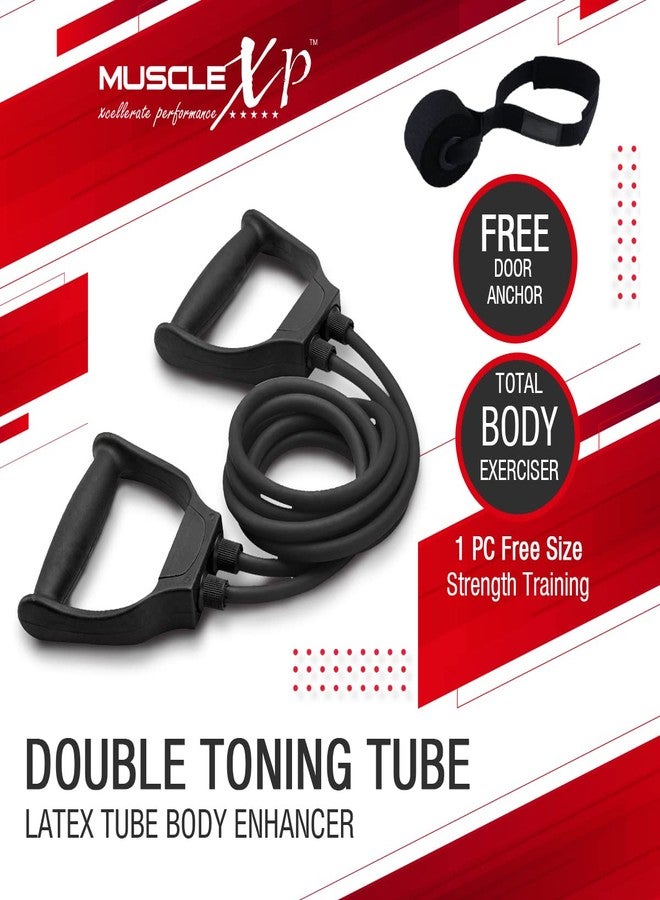 ماسل إكس بي MuscleXP DrFitness+ أنبوب مزدوج لشد الجسم مصنوع من اللاتكس، مناسب للنساء والرجال، مزود بمثبت للباب، للتمارين الرياضية، مناسب للصالات الرياضية المنزلية، لشد الذراعين والساقين والكتفين (أسود) - Image 2