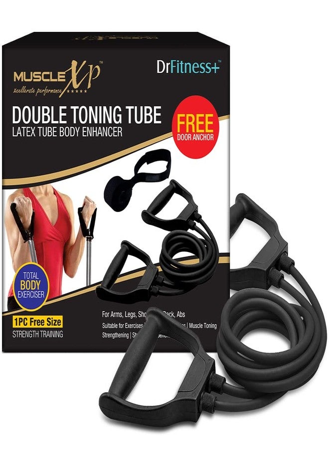ماسل إكس بي MuscleXP DrFitness+ أنبوب مزدوج لشد الجسم مصنوع من اللاتكس، مناسب للنساء والرجال، مزود بمثبت للباب، للتمارين الرياضية، مناسب للصالات الرياضية المنزلية، لشد الذراعين والساقين والكتفين (أسود) - Image 1