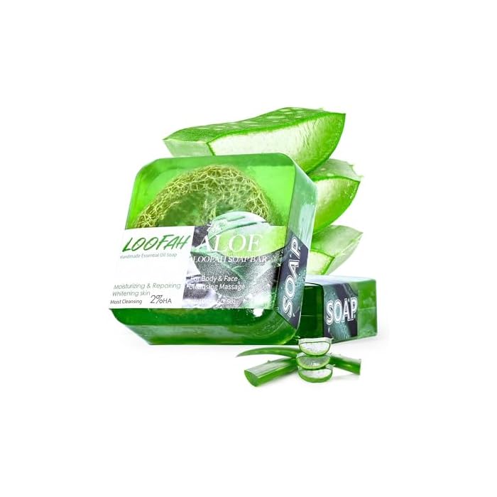 Aloe Vera Hademade Loofah Soap, Natural Exfoliating Clean Bar, Gentle Cleansing Massage Moisturizing & Repairing, Organic Handmade with Aloe Vera Plant Oil Body Bath Cream, Aloe