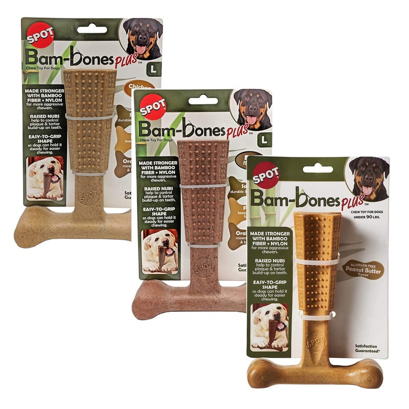 SPOT by Ethical Products 4 in Bambone Plus Easy Grip Peanut Butter, Beef & Chicken Dog Chew Bundle - Bamboo & Nylon Anti Anxiety Bone for Aggressive Chewers & Dental Health for Dogs - Large (3 Pack) - Image 1