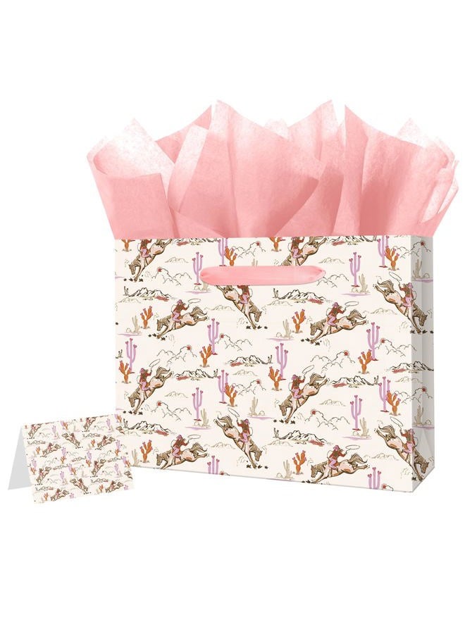 Linelglobal Large Cowgirl Gift Bag with Tissue Ppaer for Women Girl Birthday Western Theme Party Rodeo Stuffer 12.6" - Image 1