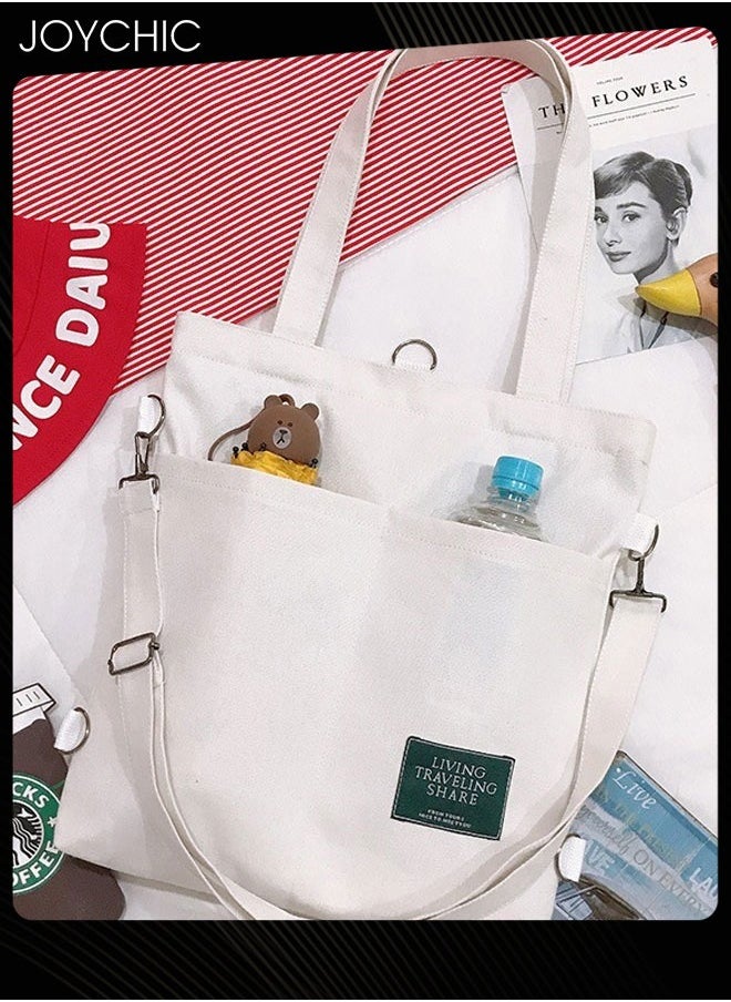 Joychic Casual Canvas Shoulder Bag Multifunction Large Capacity College Students Backpack Foldable Lightweight Tote Bag White  - Image 1