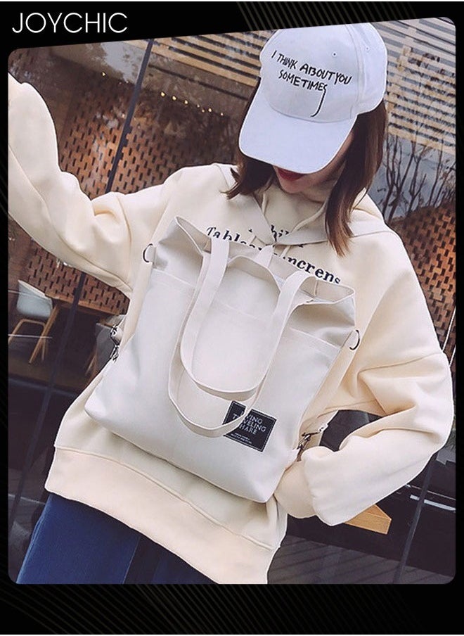 Joychic Casual Canvas Shoulder Bag Multifunction Large Capacity College Students Backpack Foldable Lightweight Tote Bag White  - Image 2
