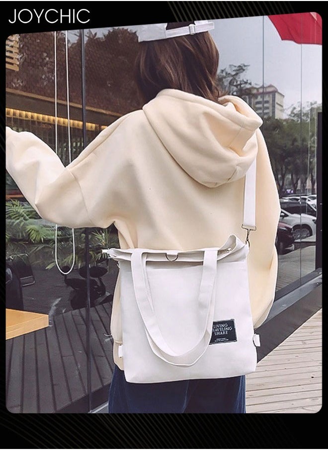 Joychic Casual Canvas Shoulder Bag Multifunction Large Capacity College Students Backpack Foldable Lightweight Tote Bag White  - Image 5