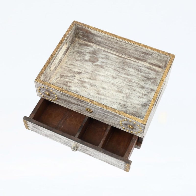 Indune Lifestyle Antique White Wooden Tray Box Organizer with Brass Work  - Image 3