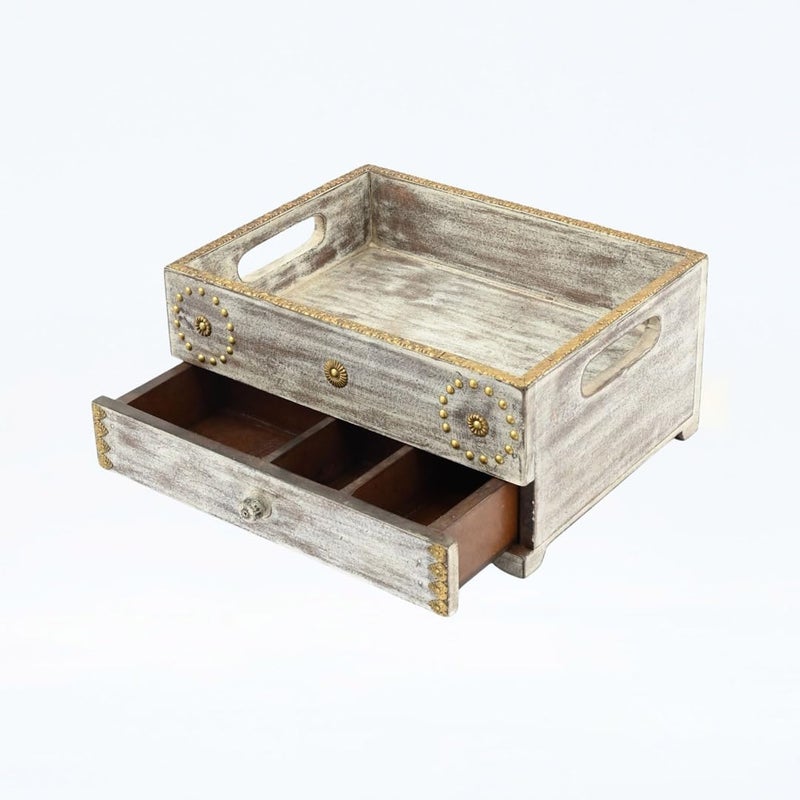 Indune Lifestyle Antique White Wooden Tray Box Organizer with Brass Work  - Image 1