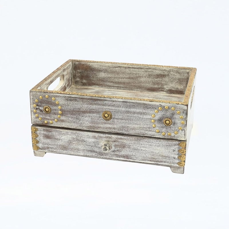 Indune Lifestyle Antique White Wooden Tray Box Organizer with Brass Work  - Image 2