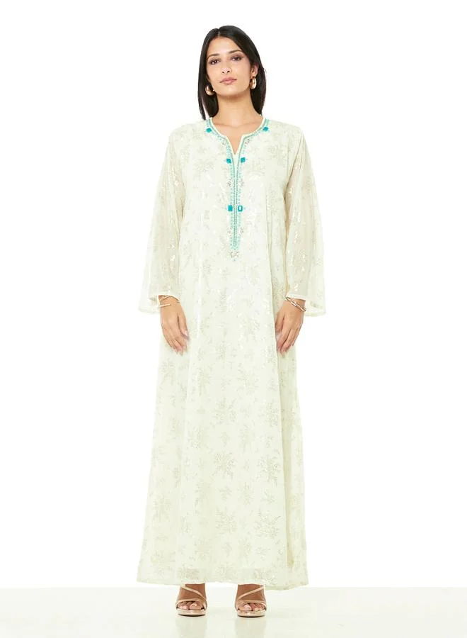 Thouq Cream A-Line Maxi Jalabiya with Aqua Embellishment