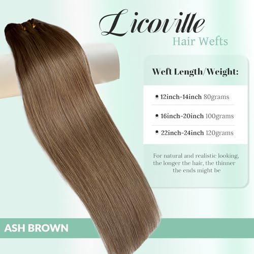 Licoville إضافات شعر ويفت من شعر الإنسان بلون الرمادي البني - إضافات خياطة يدوية مزدوجة بطول 12 بوصة - حزم نسج شعر رمادي بني سميك - إضافات ويفت من شعر الإنسان الحقيقي للنساء - Image 3