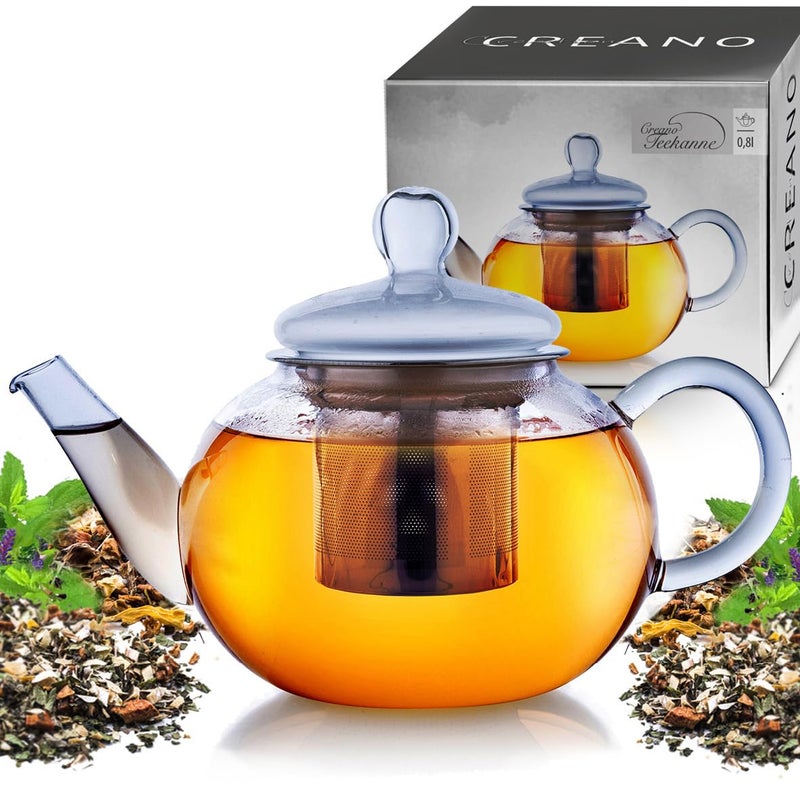Creano Glass Teapot 800ml  Stovetop Safe Tea Kettle with Stainless Steel Infuser and Glass Lid  Ideal for Preparing Loose Teas  Drip Free