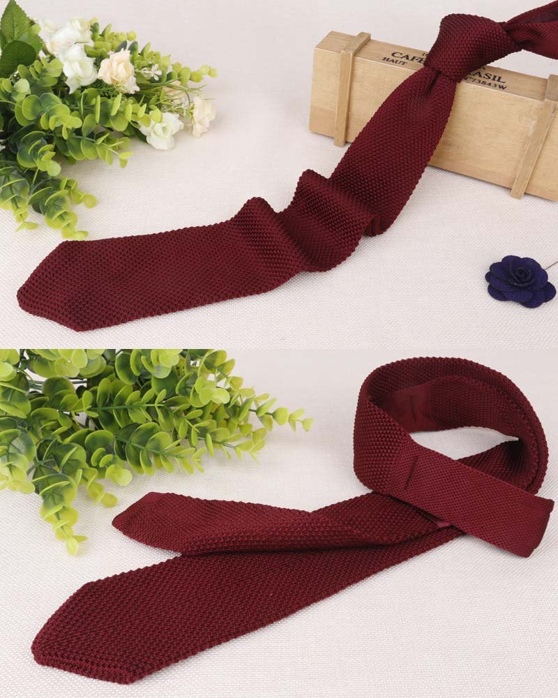Elfeves Men Solid Iron Wine Red Knit Ties Vintage Fashion 2" Handmade Necktie for Gifts - Image 2