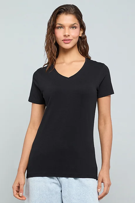 أر أند بي Solid T-Shirt With V-Neck and Short Sleeves