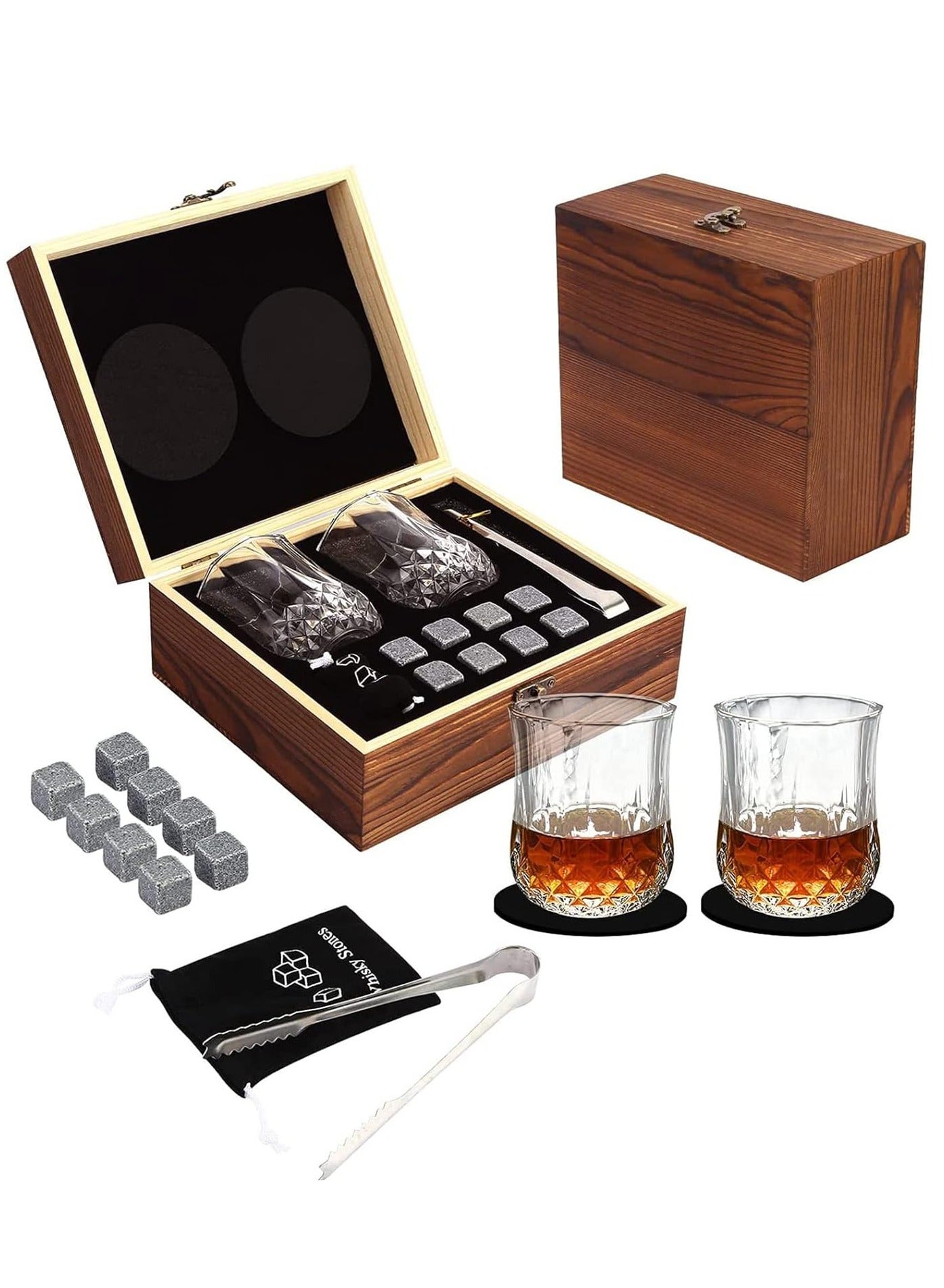 Whiskey Glass Gift Set for Men Dad - Whiskey Glass Set of 2 - Bourbon Whiskey Stones Wood Box Gift Set - Includes Crystal Whisky Glasses, Chilling Rocks, Slate Coasters for Scotch Wisky Burbon Gifts