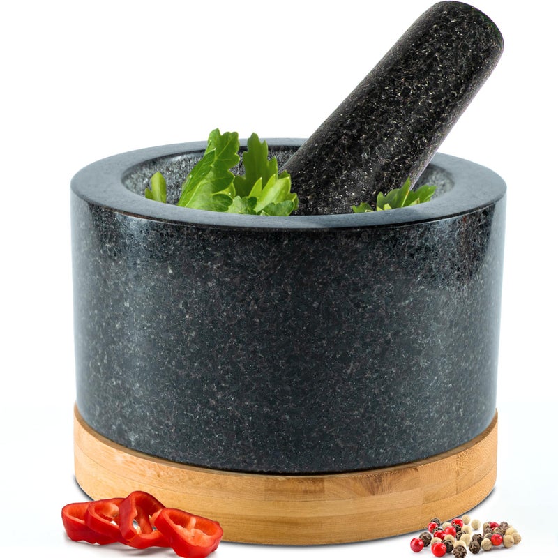 Priority Chef طقم مدقة وهاون ثقيل مع قاعدة من الخيزران، كبير 2 كوب، هاون ومدقة من الجرانيت الطبيعي 100%، وعاء طحن حجري كبير، وعاء مولكاجيت، أوعية هرس الغواكامولي، أسود مصقول - Image 1
