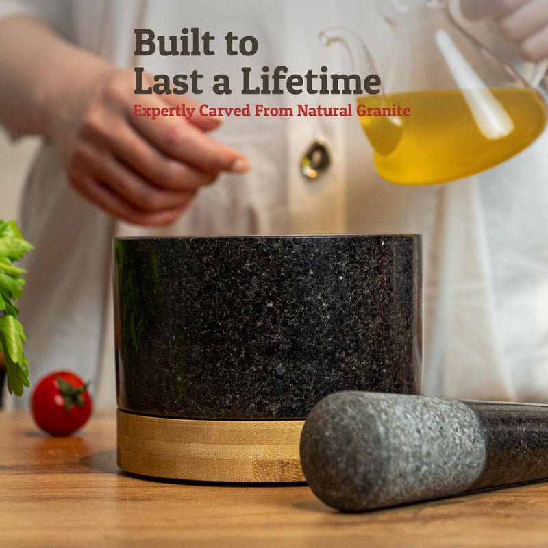 Priority Chef طقم مدقة وهاون ثقيل مع قاعدة من الخيزران، كبير 2 كوب، هاون ومدقة من الجرانيت الطبيعي 100%، وعاء طحن حجري كبير، وعاء مولكاجيت، أوعية هرس الغواكامولي، أسود مصقول - Image 2