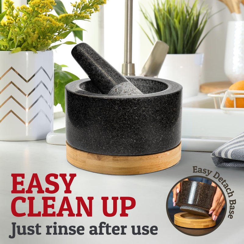 Priority Chef طقم مدقة وهاون ثقيل مع قاعدة من الخيزران، كبير 2 كوب، هاون ومدقة من الجرانيت الطبيعي 100%، وعاء طحن حجري كبير، وعاء مولكاجيت، أوعية هرس الغواكامولي، أسود مصقول - Image 5
