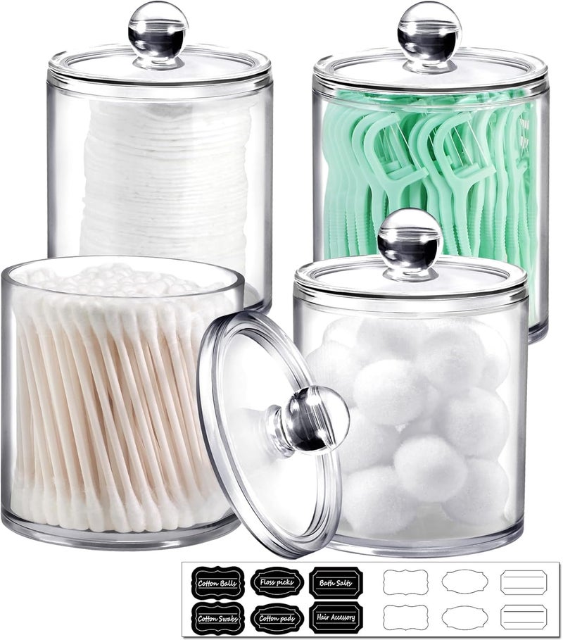 SheeChung 4 Pack. Plastic Acrylic Bathroom Vanity Countertop Canister Jars with Storage Lid, Apothecary Jars Qtip Holder Makeup Organizer for Cotton Balls,Swabs,Pads,Bath Salts (Clear, 12oz&10oz) - Image 1