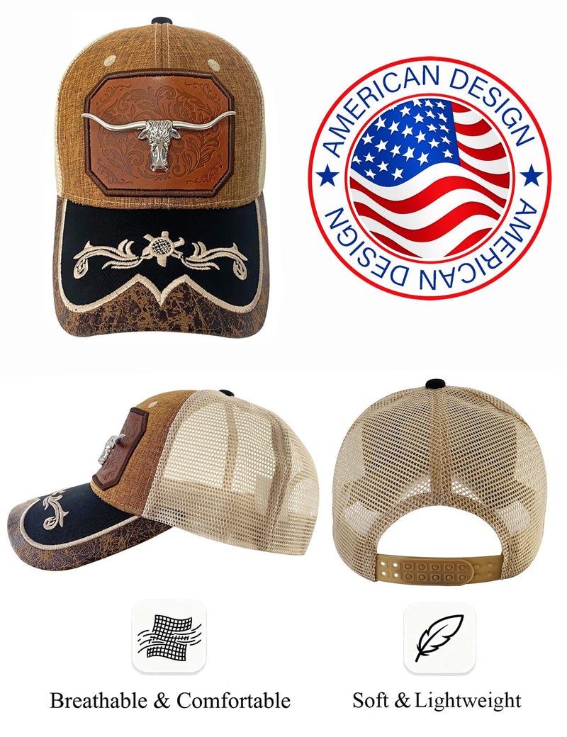 TOPACC Brown Cowboy Trucker Hat for Women Men Longhorn Vintage Western Country Hat Cute Cap for Cowgirl Outfit - Image 2