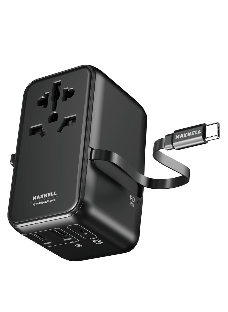 Maxwell Electronics Maxwell 70W GaN Universal International Travel Adapter 3 Ports with Built-In Retractable USB-C Cable Qualcomm Quick Charge 65W, Worldwide AC Outlet Plugs for USA, New Zealand, UK, Europe Adapter  - Image 1