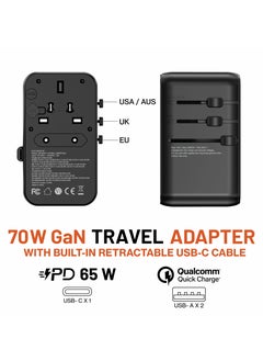 Maxwell Electronics Maxwell 70W GaN Universal International Travel Adapter 3 Ports with Built-In Retractable USB-C Cable Qualcomm Quick Charge 65W, Worldwide AC Outlet Plugs for USA, New Zealand, UK, Europe Adapter  - Image 2