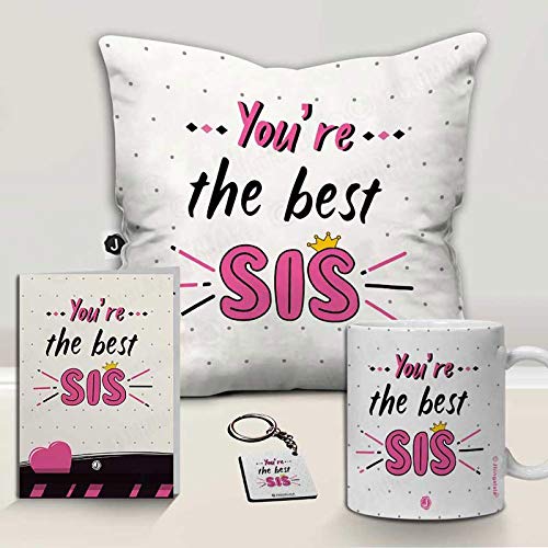 Jhingalala Jhingalala Youre The Best Sis Printed Cushion Mug Key Chain Greeting Card Combo Gift Pack Rakshabandhan Gifts for Sister Gift for Sister on her Birthday Special Birthday Gift for Sister - Image 1