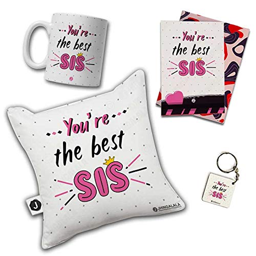 Jhingalala Jhingalala Youre The Best Sis Printed Cushion Mug Key Chain Greeting Card Combo Gift Pack Rakshabandhan Gifts for Sister Gift for Sister on her Birthday Special Birthday Gift for Sister - Image 2