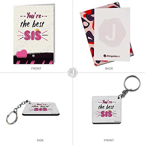 Jhingalala Jhingalala Youre The Best Sis Printed Cushion Mug Key Chain Greeting Card Combo Gift Pack Rakshabandhan Gifts for Sister Gift for Sister on her Birthday Special Birthday Gift for Sister - Image 5