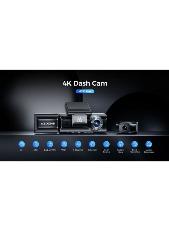 AZDOME M550 Max 3 4K Dash Cam 3 Channel Dash Cam Front, Rear And Interior Dash Cam Car Camera Night Vision Dash Cam For Cars  - Image 3