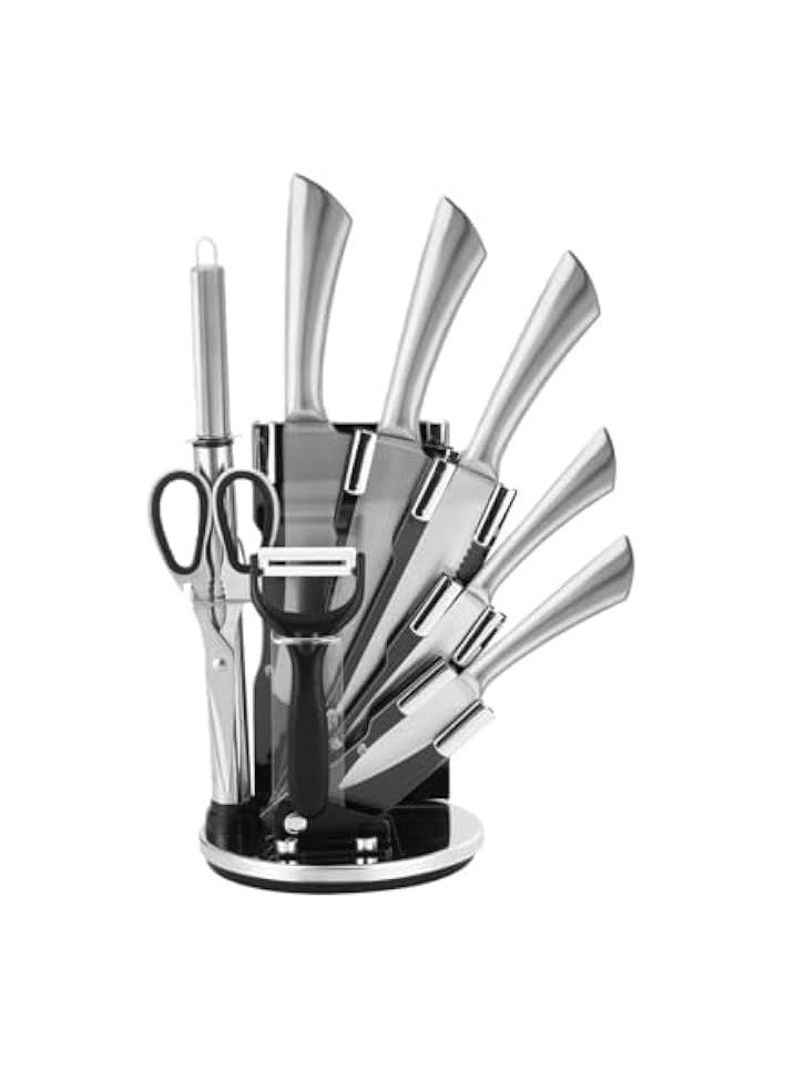 erorex 9 Pieces Kitchen Knife Sets, Spinni ng Magnetic Block, High Carbon, Stainless Steel Blades, Knife For Steak, Bread, Vegetables, and more, Ultra Sharp, Includes Knife Sharpener and Scissors, Silver - Image 1