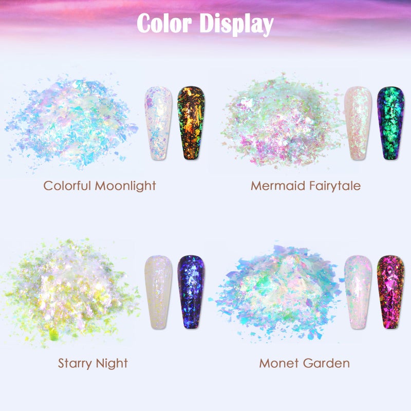 Laza Colorful Moonlight Chameleon Flakes Nail Glitter Irregular Opal Nail Foil Flakes Chunky Confetti Color-Shift Sequins Iridescent Fairy Dust for Mermaid Nails Design, Nail Decorations for Nail Art - Image 3