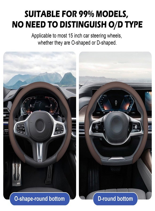 frani Nappa Leather Steering Wheel Cover, Universal 15 Inch Premium Non-Slip Steering Wheel Cover Caffee Brown - Image 2