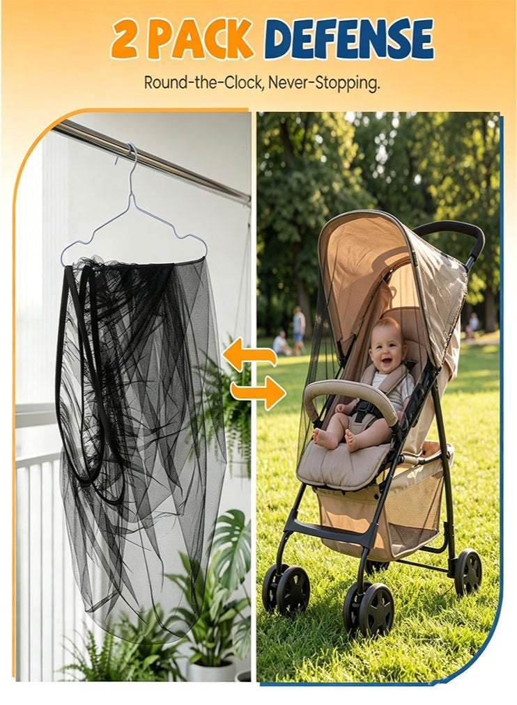 meayul 2 Pcs Mosquito Net for Pram, Universal Pram Mosquito Net w/Elastic Edge, Durable Mesh with Tear-Resistant Polyester, Breathable & Sturdy, Against Insect & Strangers, Easy to Install & Store, Black - Image 3