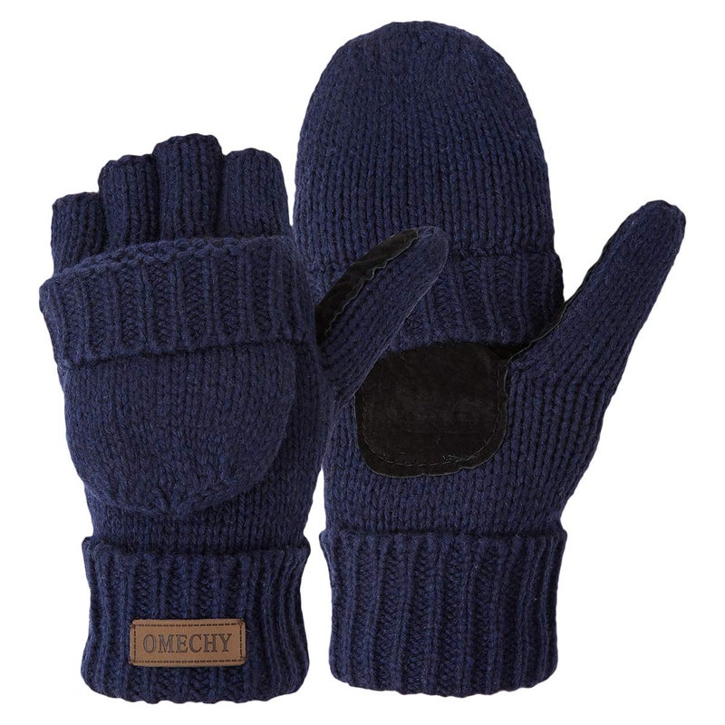 OMECHY Winter Knitted Fingerless Wool Gloves Thermal Insulation Warm Convertible Mittens Flap Cover for Men Women - Image 1
