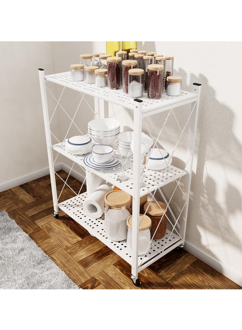 رف تخزين مطبخ حديدي بثلاثة أرفف، أرفف تخزين قابلة للطي مع عجلات، وحدة رفوف كبيرة السعة، رف سلكي معدني قائم بذاته، رف منظم بدون تجميع للمطبخ والمرآب والطابق السفلي والمخزن (أبيض) - Image 4