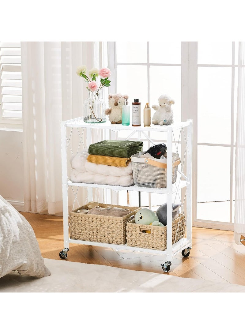 رف تخزين مطبخ حديدي بثلاثة أرفف، أرفف تخزين قابلة للطي مع عجلات، وحدة رفوف كبيرة السعة، رف سلكي معدني قائم بذاته، رف منظم بدون تجميع للمطبخ والمرآب والطابق السفلي والمخزن (أبيض) - Image 3