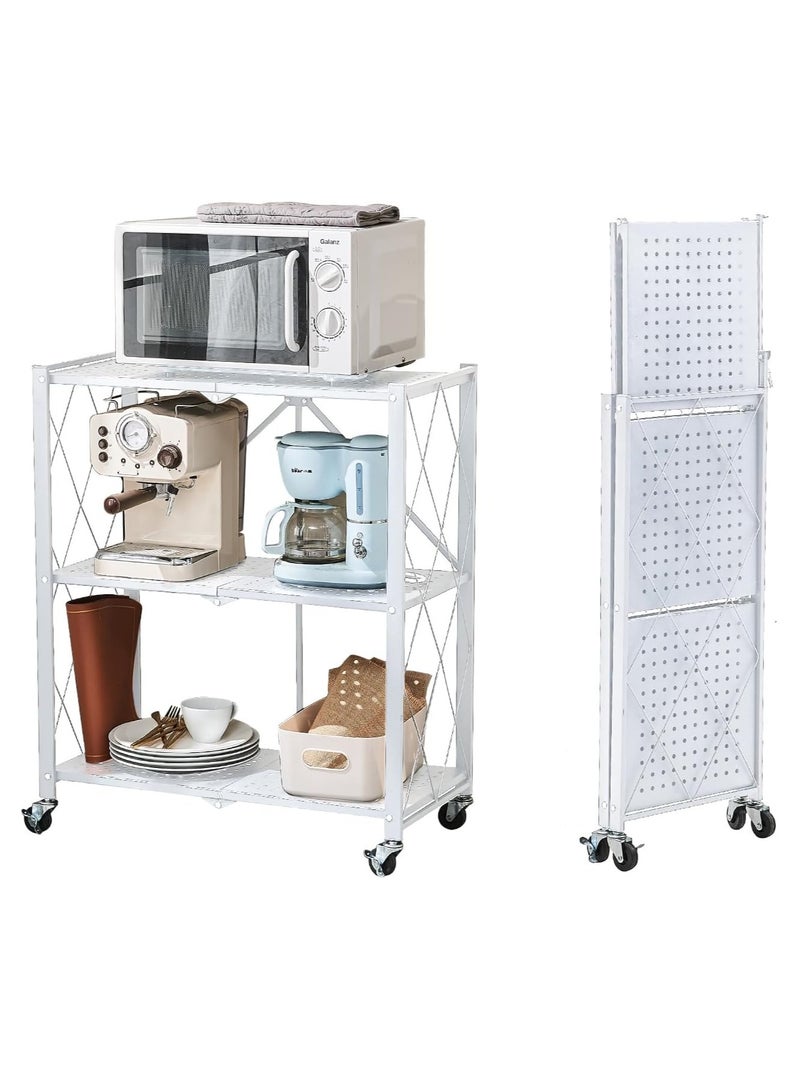 رف تخزين مطبخ حديدي بثلاثة أرفف، أرفف تخزين قابلة للطي مع عجلات، وحدة رفوف كبيرة السعة، رف سلكي معدني قائم بذاته، رف منظم بدون تجميع للمطبخ والمرآب والطابق السفلي والمخزن (أبيض) - Image 1