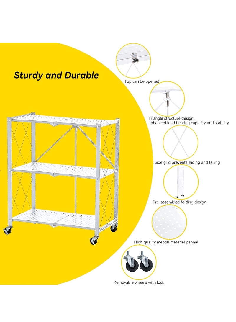 رف تخزين مطبخ حديدي بثلاثة أرفف، أرفف تخزين قابلة للطي مع عجلات، وحدة رفوف كبيرة السعة، رف سلكي معدني قائم بذاته، رف منظم بدون تجميع للمطبخ والمرآب والطابق السفلي والمخزن (أبيض) - Image 2