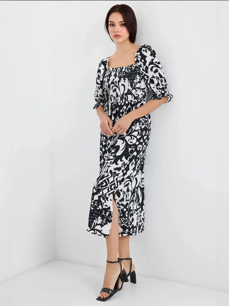 BDART Floral Midi Dress with Square Collar and Slit