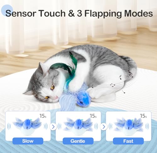 Migipaws Interactive Flapping Bird Cat Toys with Rod, clamp, Elastic String and Catnip, Automatic Chirping Toys for Indoor Cats to Chase, Hanging Feathers for Kitten to Self Play,Rechargeable(Blue) - Image 2