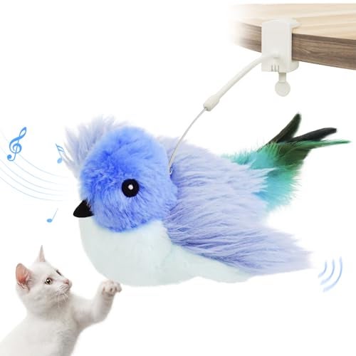 Migipaws Interactive Flapping Bird Cat Toys with Rod, clamp, Elastic String and Catnip, Automatic Chirping Toys for Indoor Cats to Chase, Hanging Feathers for Kitten to Self Play,Rechargeable(Blue) - Image 1
