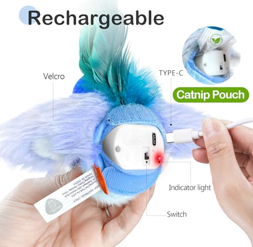 Migipaws Interactive Flapping Bird Cat Toys with Rod, clamp, Elastic String and Catnip, Automatic Chirping Toys for Indoor Cats to Chase, Hanging Feathers for Kitten to Self Play,Rechargeable(Blue) - Image 5