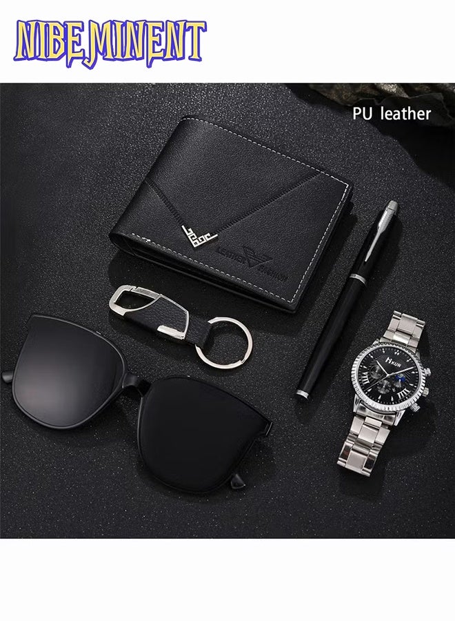 NIBEMINENT 5pcs Elegant Men's Quartz Watch & Accessory Gift Set - Includes Stylish Fashion Glasses, Wallet, Keychain, Fountain Pen in Faux Leather Display Box - Ideal Trendy Present for Friends - Image 3