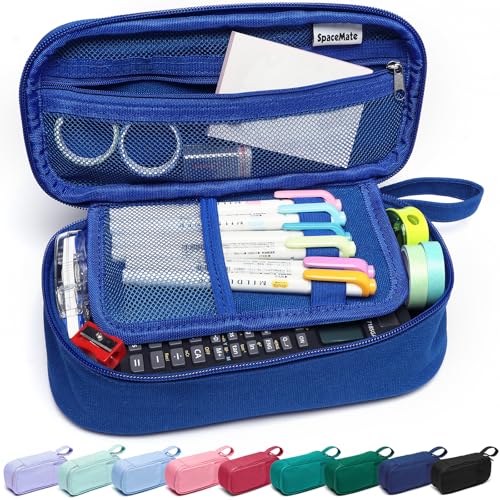 SPACEMATE Pencil Case Pouch Box Bag School Supplies Girls Boys Kids, Cute Preppy Stuff Large Big Capacity Aesthetic Pen Organizer, Back to College Stationary, Sapphire Blue, Heavy Duty Canvas, 1800ml - Image 1
