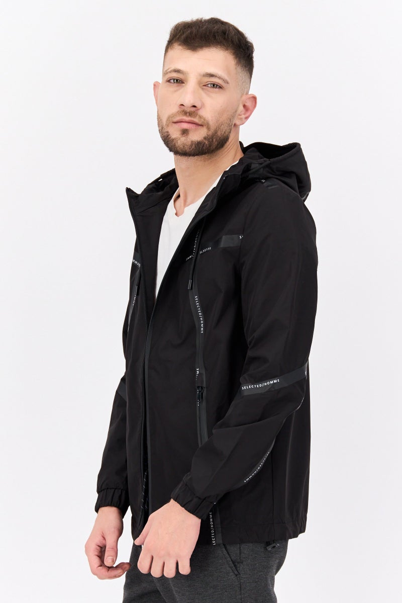 SELECTED Men Printed Hooded Windbreaker Jacket, Black  - Image 2