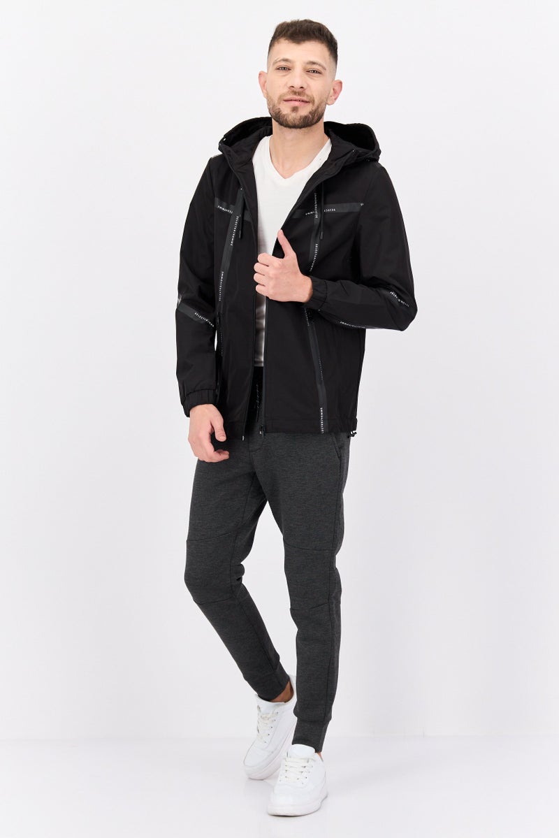 SELECTED Men Printed Hooded Windbreaker Jacket, Black  - Image 4
