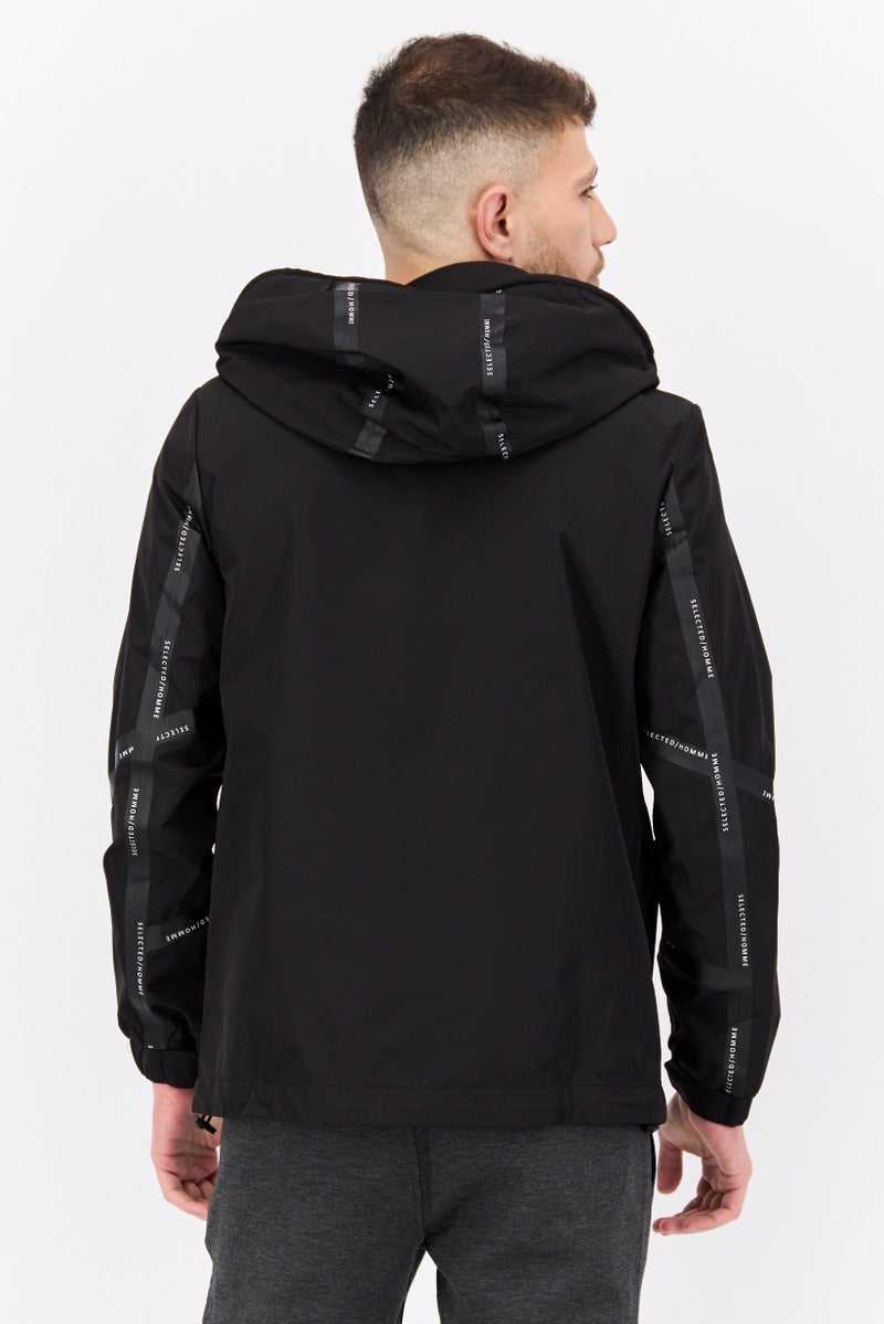 SELECTED Men Printed Hooded Windbreaker Jacket, Black  - Image 3