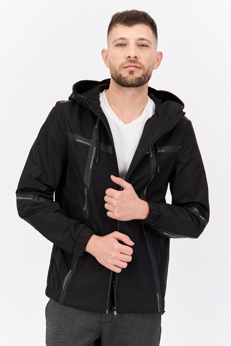 SELECTED Men Printed Hooded Windbreaker Jacket, Black  - Image 1