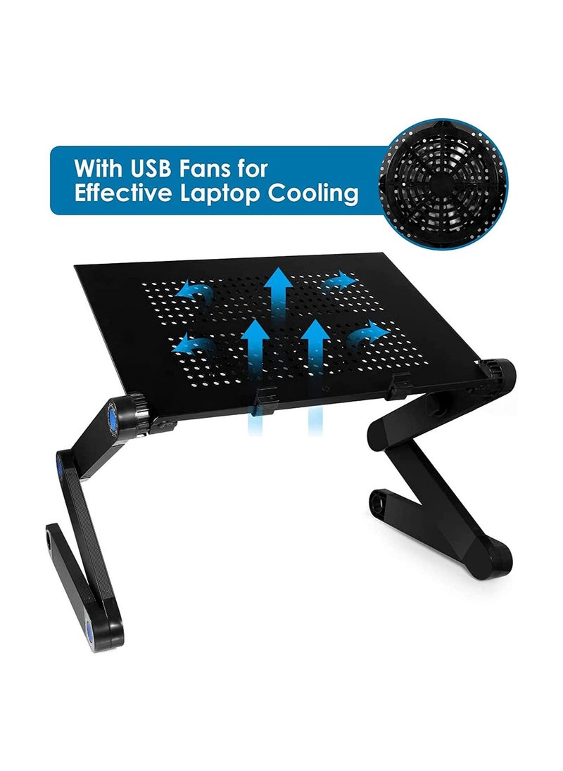 ELTRAZONE - Adjustable Laptop Stand with USB Large Cooling Fan,  Ergonomic Cozy Desk Foldable with Mouse Platform, Aluminum Laptop Table Stand Adjustable Riser for Bed & Sofa - Image 1